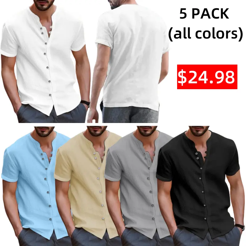 5 PACK-Men's Shirt Linen Shirt Summer Shirt Beach Wear Button Up Shirt Black White Blue Khaki Short Sleeve Plain Band Collar Summer Casual Daily Clothing Apparel