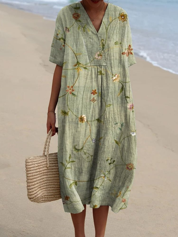 Women's Retro Floral Art Print Casual Flowy Dress e751
