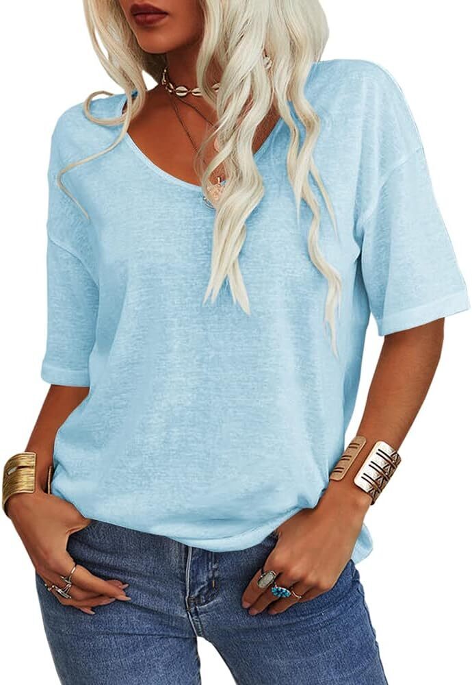 Summer Casual Half Sleeve T-shirt Basic Tops Solid Color 07f8