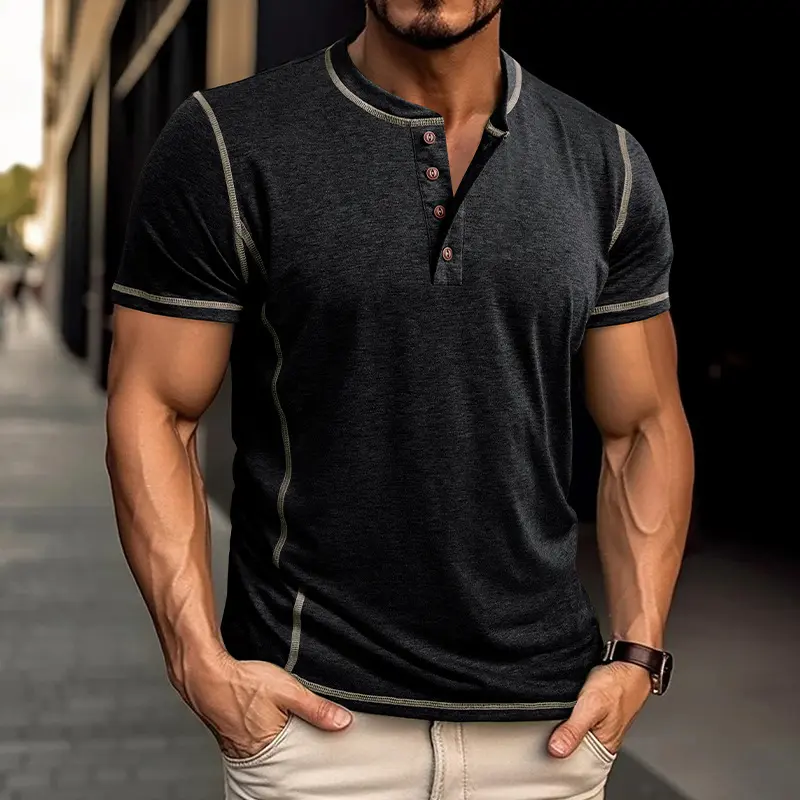 5 Pack-Men's Retro Short Sleeve Henley Shirt