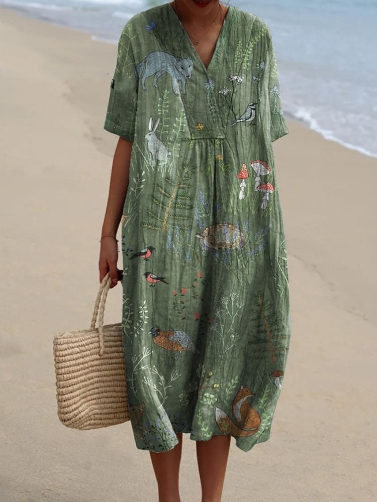 Woodland And Animals Pattern Printed Women's Flowy Dress 5e5c