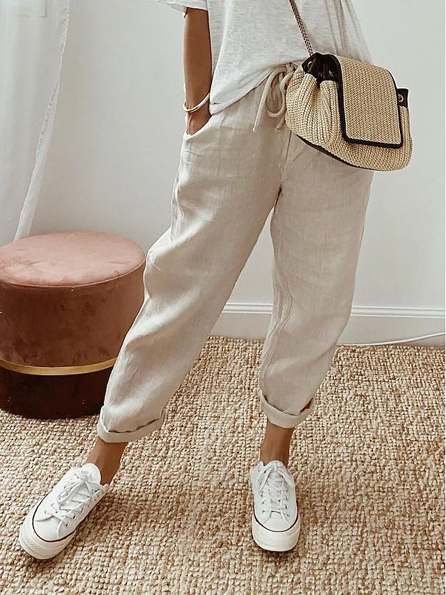 Women's Linen Pants Baggy Pants Linen Cotton Blend Side Pockets Baggy Full Length Black Summer 6f78