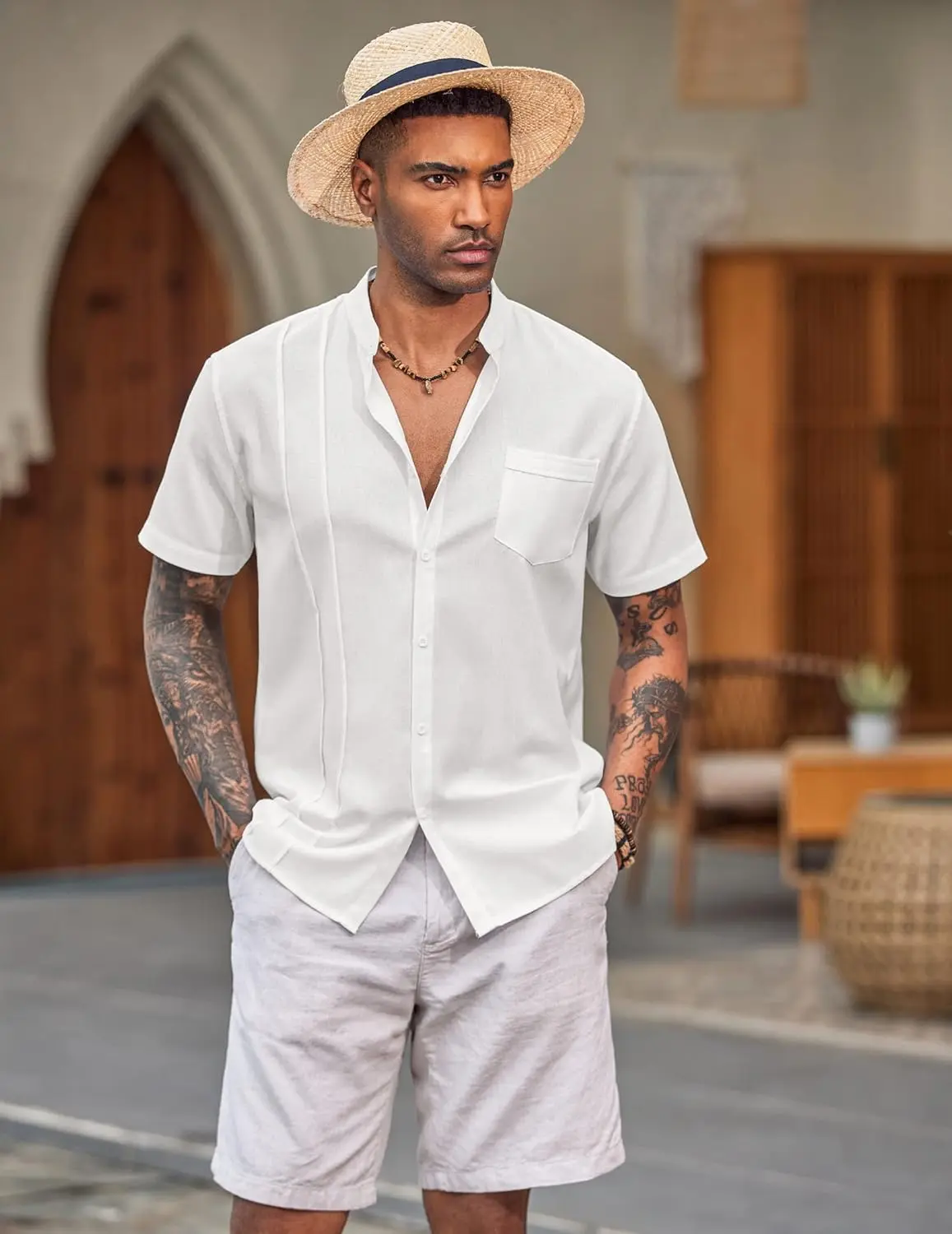 9 Pack-Men's Cuban Guayabera Shirt Cotton Linen Short Sleeve Button Down Shirts Casual Band Collar Summer Shirt