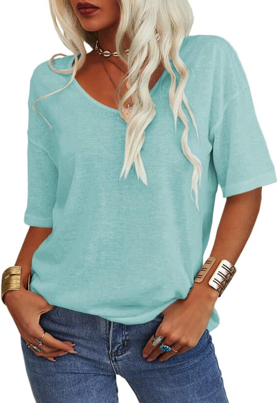 Summer Casual Half Sleeve T-shirt Basic Tops Solid Color 07f8