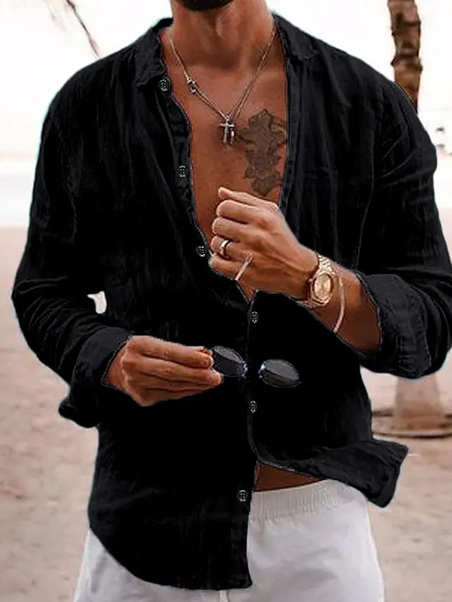 8 PACK-Men's Linen Shirt Summer Shirt Casual Shirt Beach Shirt Black White Pink Navy Blue Long Sleeve Plain Lapel Spring & Summer Hawaiian Holiday Clothing Apparel Basic