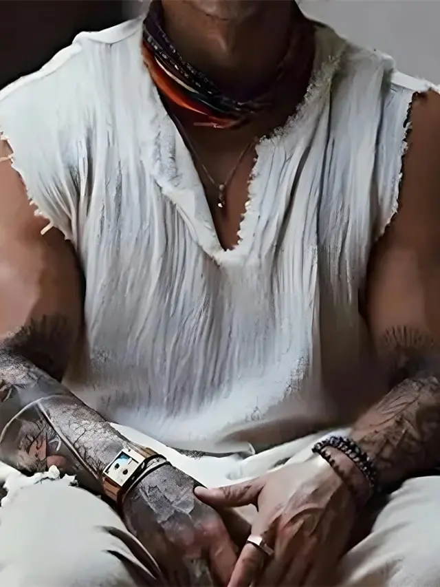 5 PACK-Men's Shirt Linen Shirt Summer Shirt Beach Wear White Wine Blue Dark Grey Sleeveless Plain V Neck Summer Hawaiian Holiday Clothing Apparel