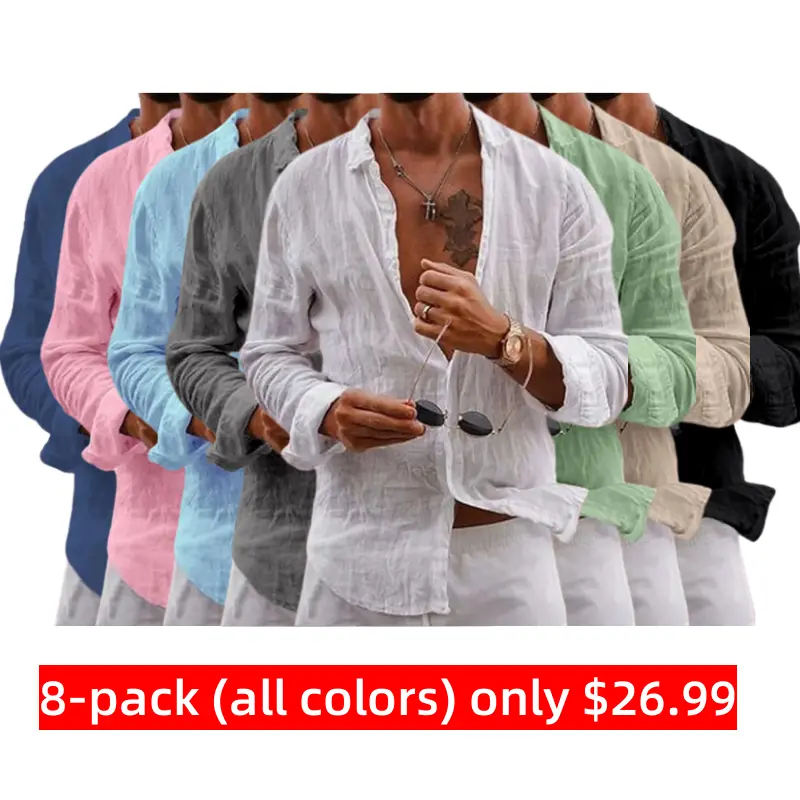 8 PACK-Men's Linen Shirt Summer Shirt Casual Shirt Beach Shirt Black White Pink Navy Blue Long Sleeve Plain Lapel Spring & Summer Hawaiian Holiday Clothing Apparel Basic