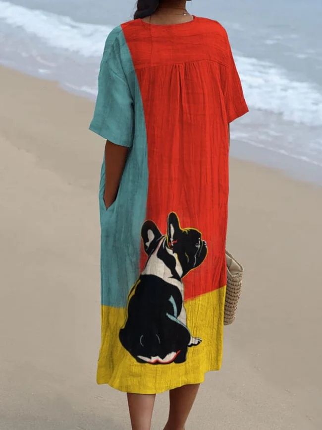 Three-Color Bottom French Bucket Back Decorative Pattern Flowy Dress 738f