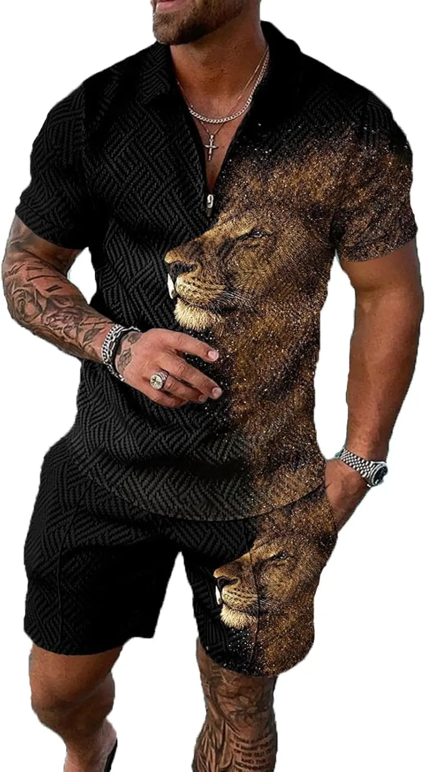 18 Pack Men Track Suits 2 Piece Set Summer Casual Outfits Fashion Polo Shirts Short Sleeve and Shorts Set Vacation Clothes