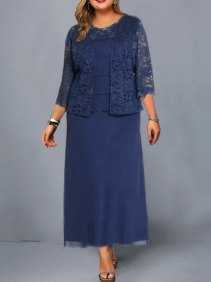 Women's Plus Size Dress Set Graphic Crew Neck 3/4 Length Sleeve Fall Winter Work Formal Maxi long Dress Date Work Dress