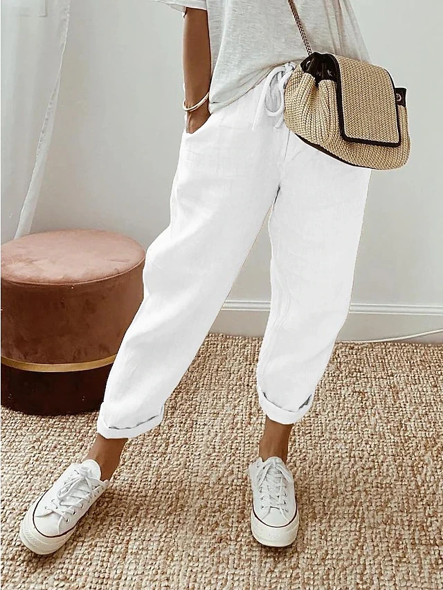 Women's Linen Pants Baggy Pants Linen Cotton Blend Side Pockets Baggy Full Length Black Summer 6f78