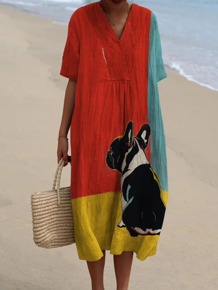 Three-Color Bottom French Bucket Back Decorative Pattern Flowy Dress 738f