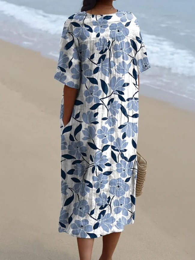Spring Blue Floral Repeat Pattern Printed Women's Flowy Dress 9624