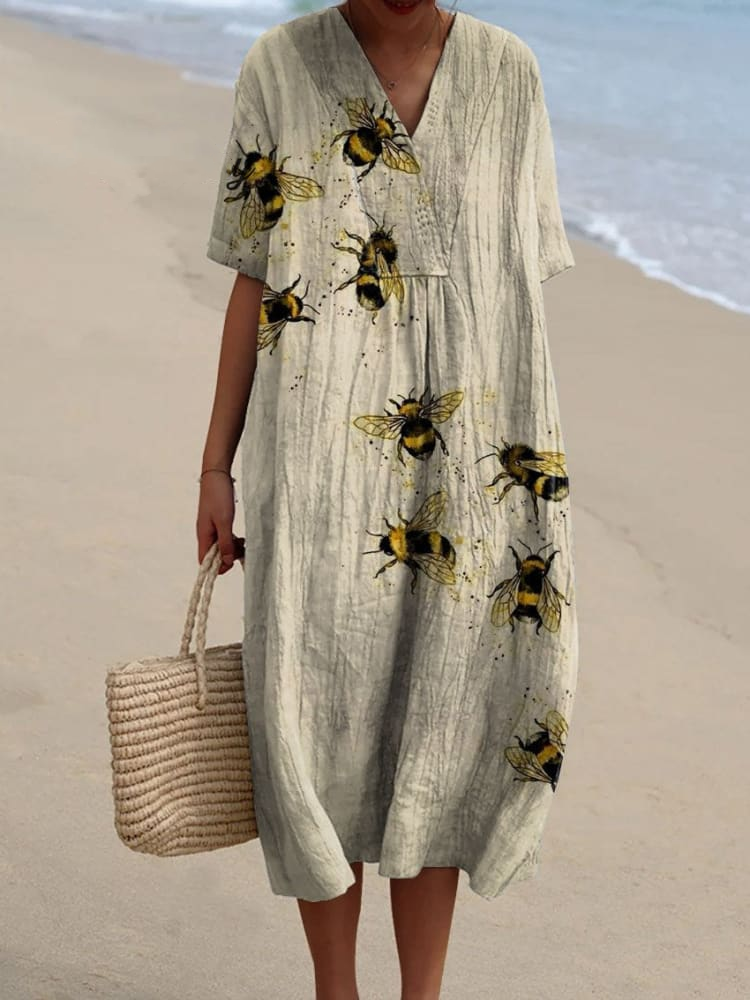 Women's Vintage Lovely Bees Art Print Flowy Dress 7563