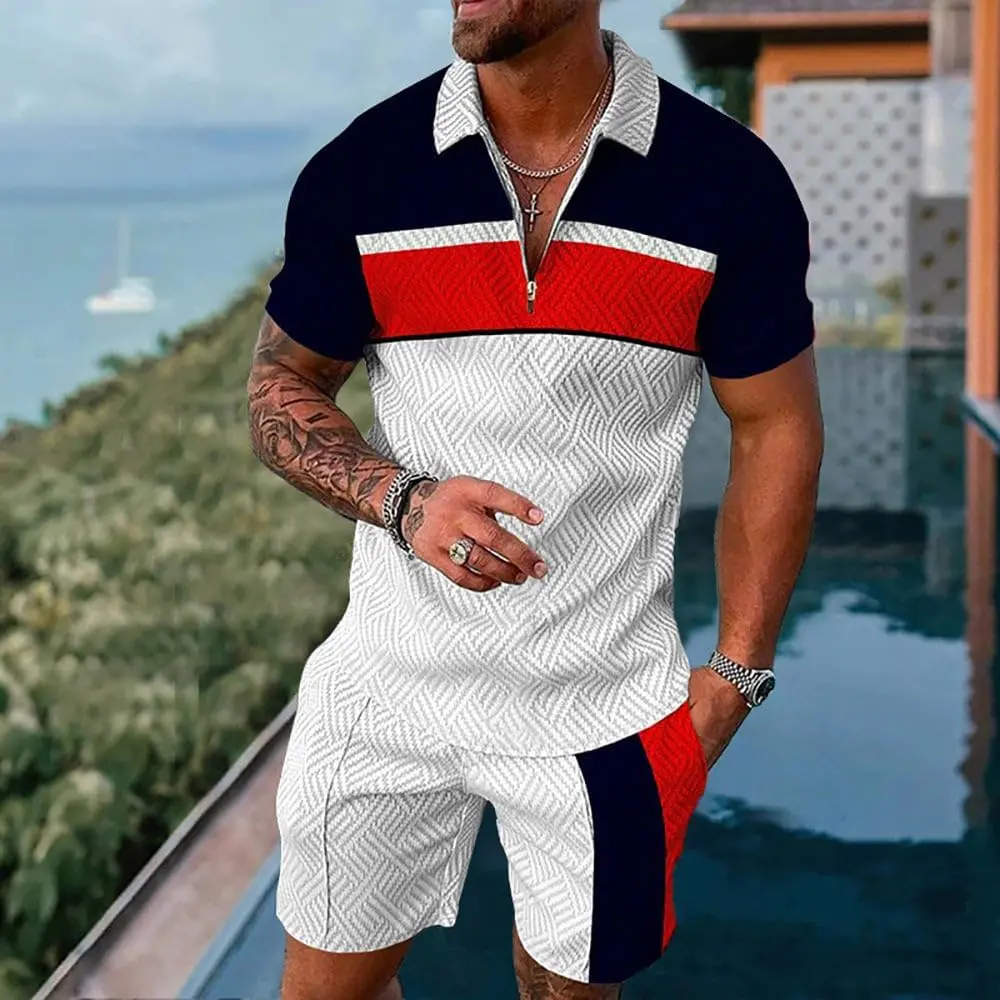 18 Pack Men Track Suits 2 Piece Set Summer Casual Outfits Fashion Polo Shirts Short Sleeve and Shorts Set Vacation Clothes
