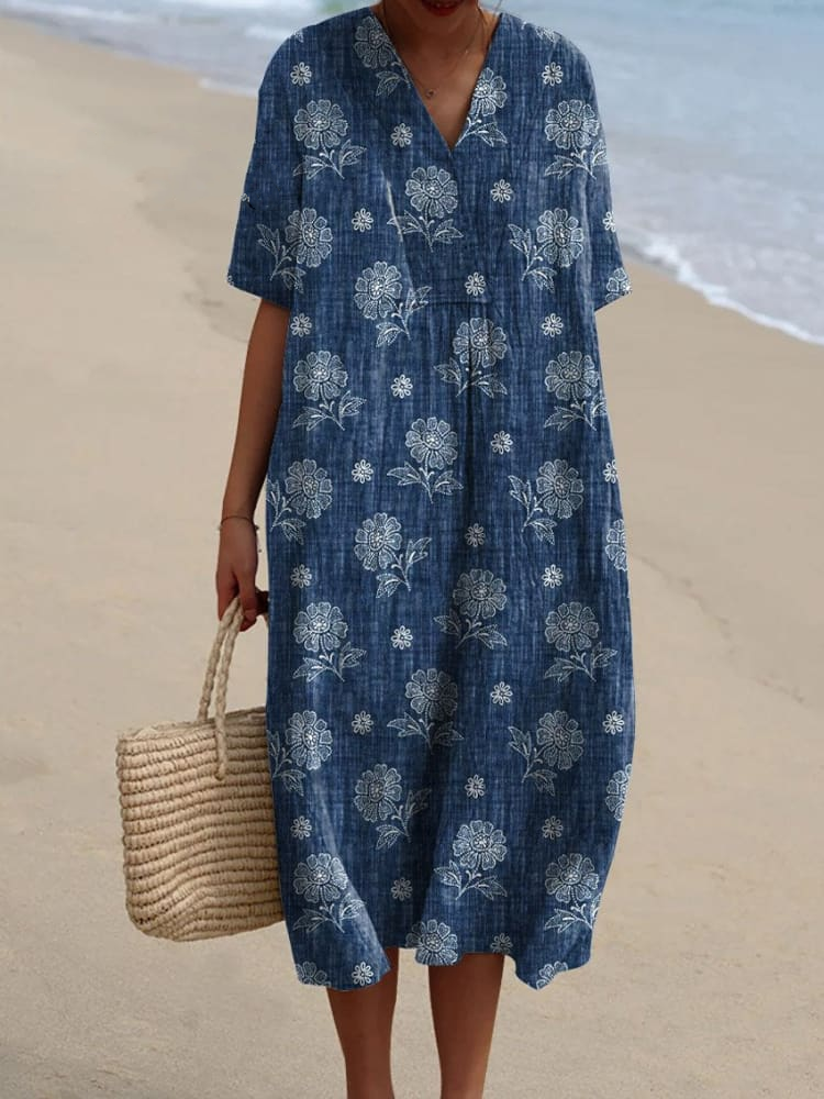 Women's Vintage Ethnic Floral Art Print Flowy Dress 5afb