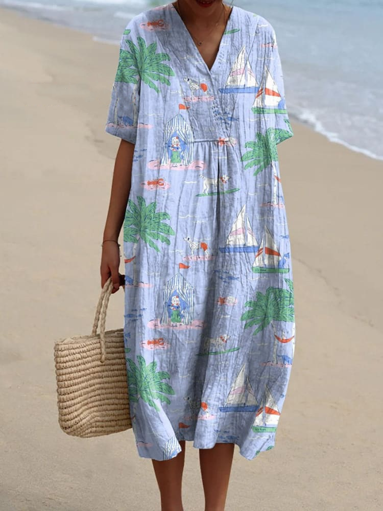 Summer Vacation And Puppy Dog Pattern Printed Women's Flowy Dress 0b9d