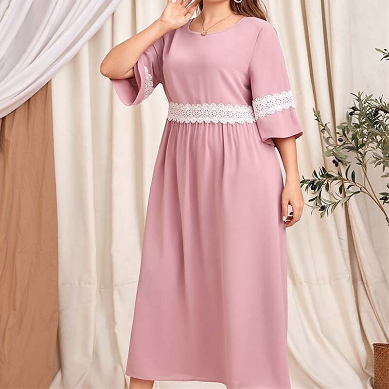 Women's Plus Size Casual Dress Color Block Crew Neck Lace Dress
