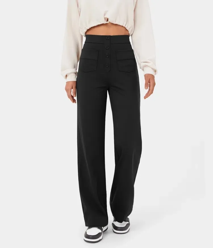 💖Today’s Promotion💐High Waisted Button Multiple Pockets Straight Leg Casual Pants