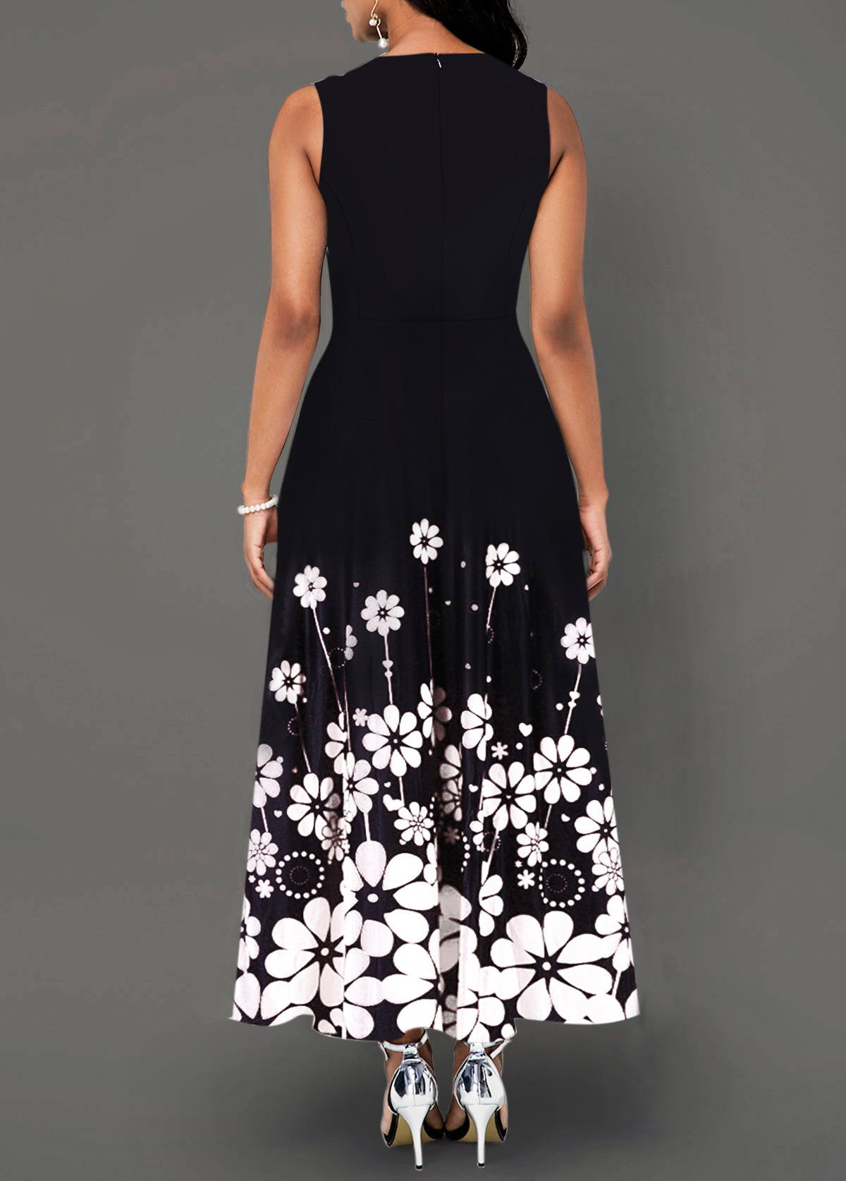 Round Neck Flower Print Color Block Maxi Dress