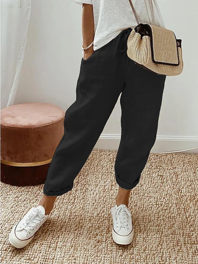 Women's Linen Pants Baggy Pants Linen Cotton Blend Side Pockets Baggy Full Length Black Summer 6f78