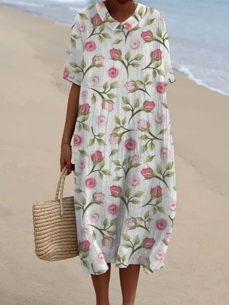 Women's Rose Print Pocket Linen Dress(Convertible Dress With Front And Back Option) 9d70