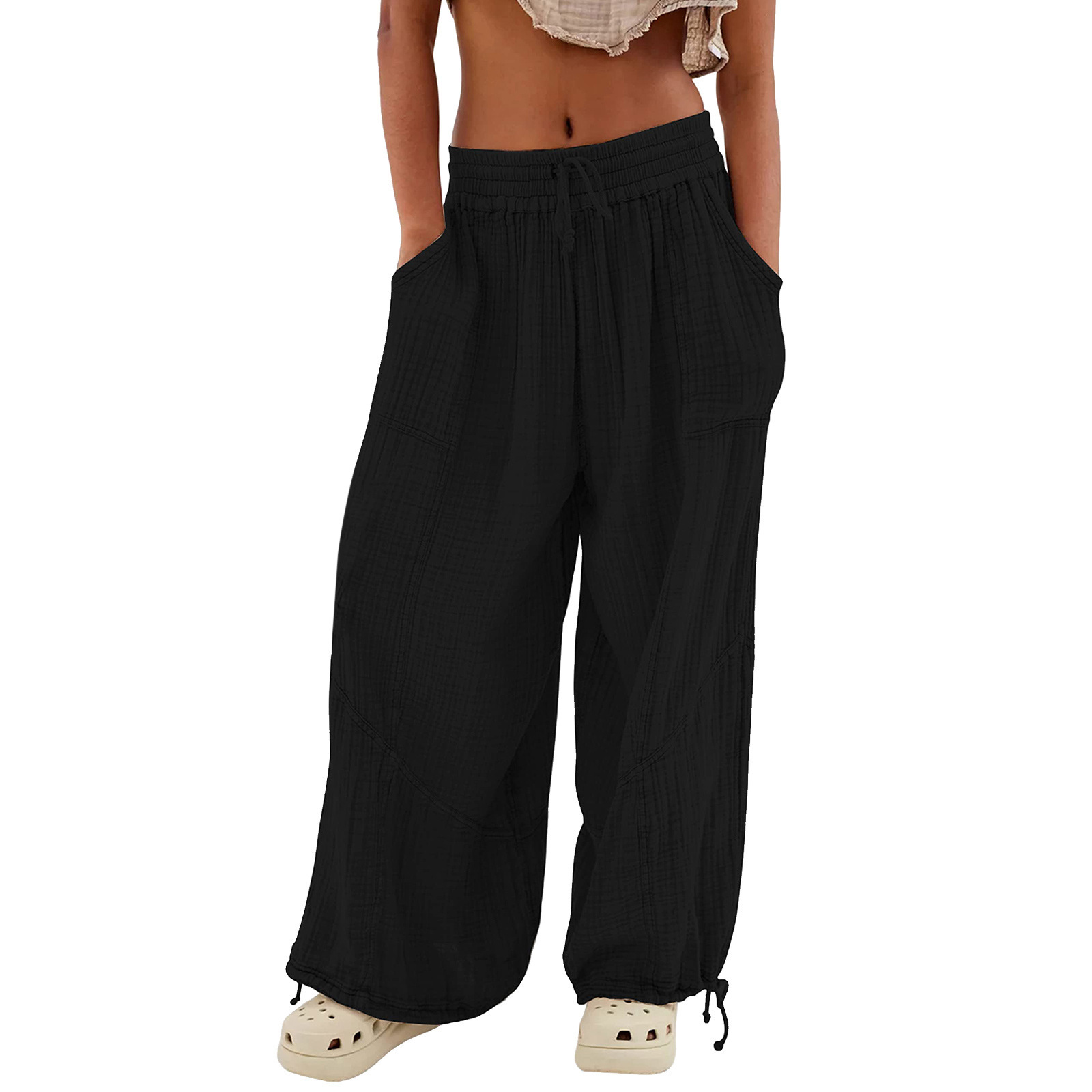 Ladies Casual Fashion Solid Color Strap Pocket Wide Leg Pants Trousers Casual Pants 0618