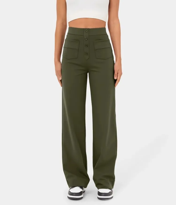 💖Today’s Promotion💐High Waisted Button Multiple Pockets Straight Leg Casual Pants