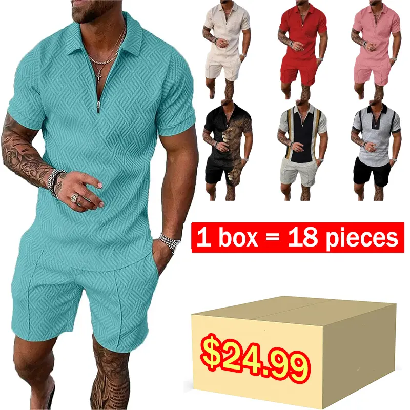 18 Pack Men Track Suits 2 Piece Set Summer Casual Outfits Fashion Polo Shirts Short Sleeve and Shorts Set Vacation Clothes