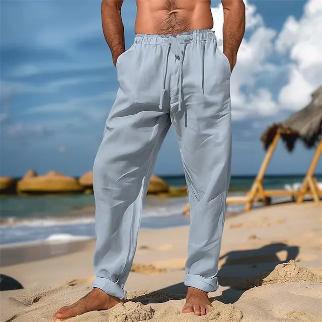 4 PACK-Men's Linen Pants Trousers Summer Pants Beach Pants Drawstring Elastic Waist Plain Comfort Breathable Full Length Daily Beach Fashion Simple Black White