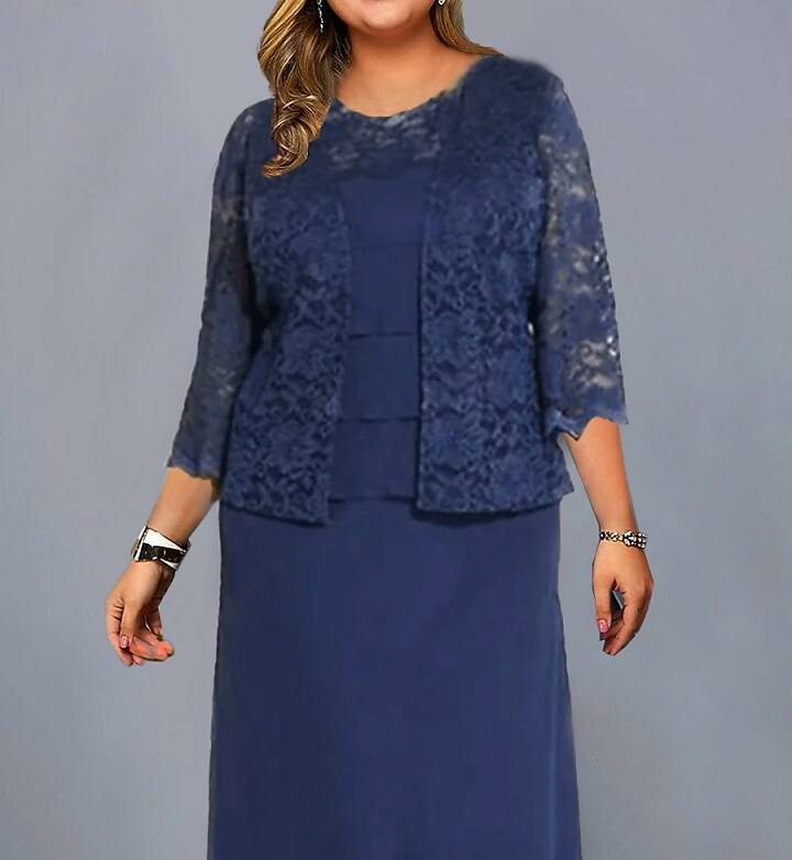 Women's Plus Size Dress Set Graphic Crew Neck 3/4 Length Sleeve Fall Winter Work Formal Maxi long Dress Date Work Dress