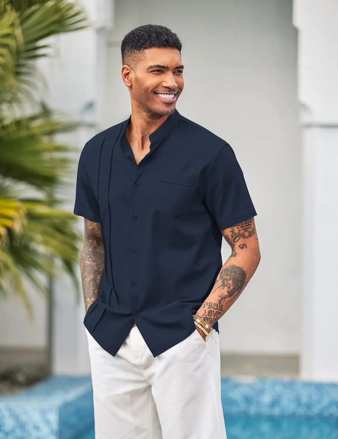 9 Pack-Men's Cuban Guayabera Shirt Cotton Linen Short Sleeve Button Down Shirts Casual Band Collar Summer Shirt
