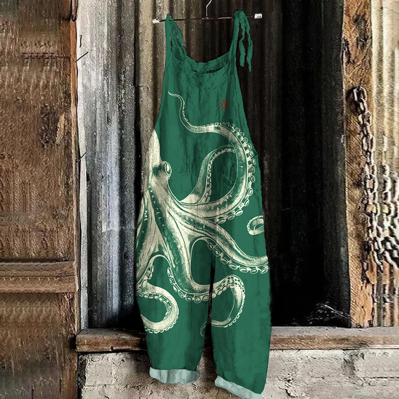 Vintage Japanese Art Octopus Print Casual Loose Jumpsuit 35ec