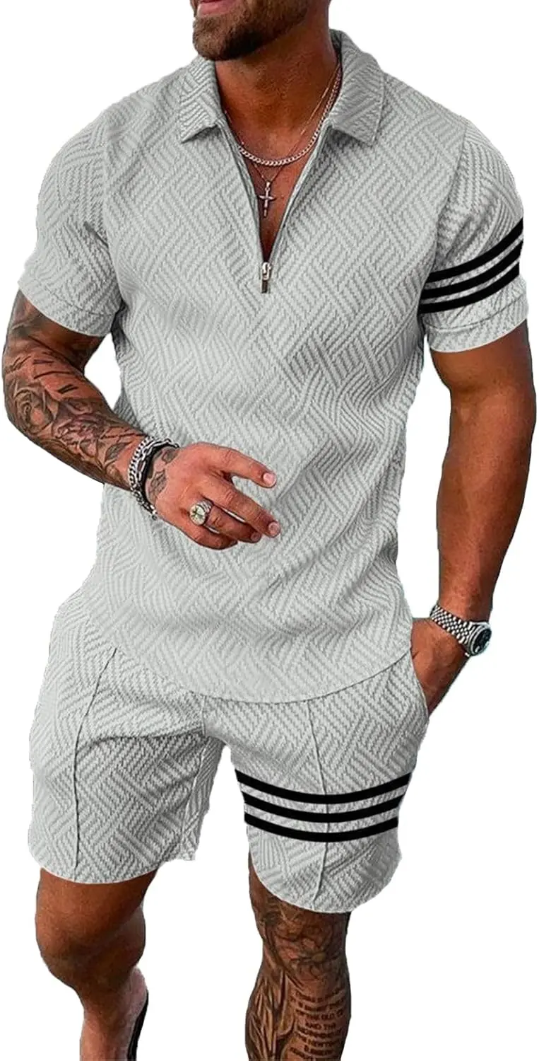 18 Pack Men Track Suits 2 Piece Set Summer Casual Outfits Fashion Polo Shirts Short Sleeve and Shorts Set Vacation Clothes