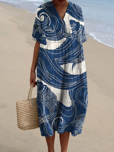 Women's Vintage Lovely Fish Art Print Flowy Dress 2fc4