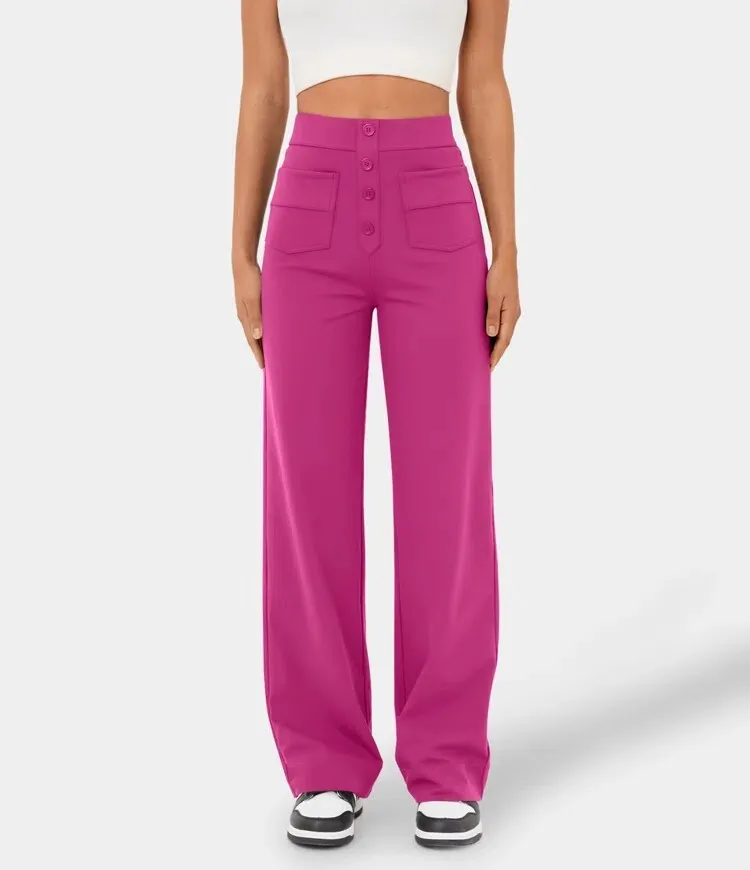 💖Today’s Promotion💐High Waisted Button Multiple Pockets Straight Leg Casual Pants