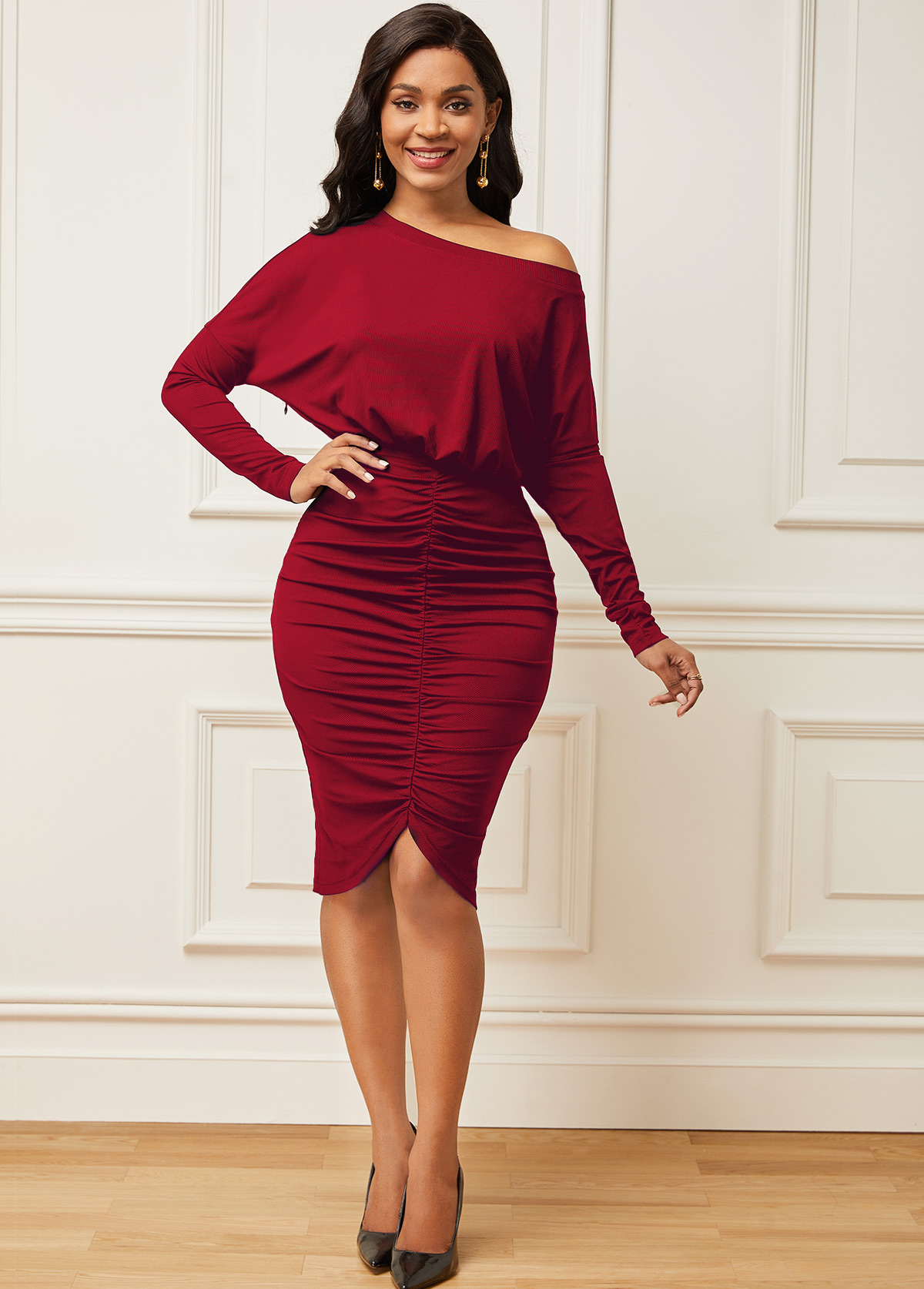 Skew Neck Ruched Cap Sleeve Dress