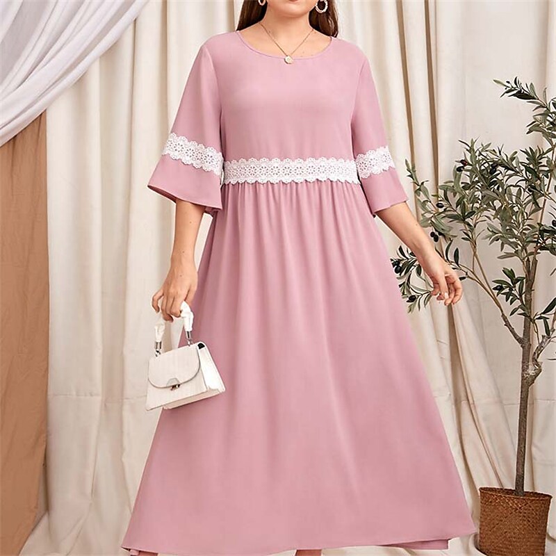 Women's Plus Size Casual Dress Color Block Crew Neck Lace Dress