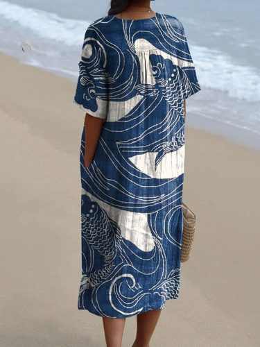 Women's Vintage Lovely Fish Art Print Flowy Dress 2fc4