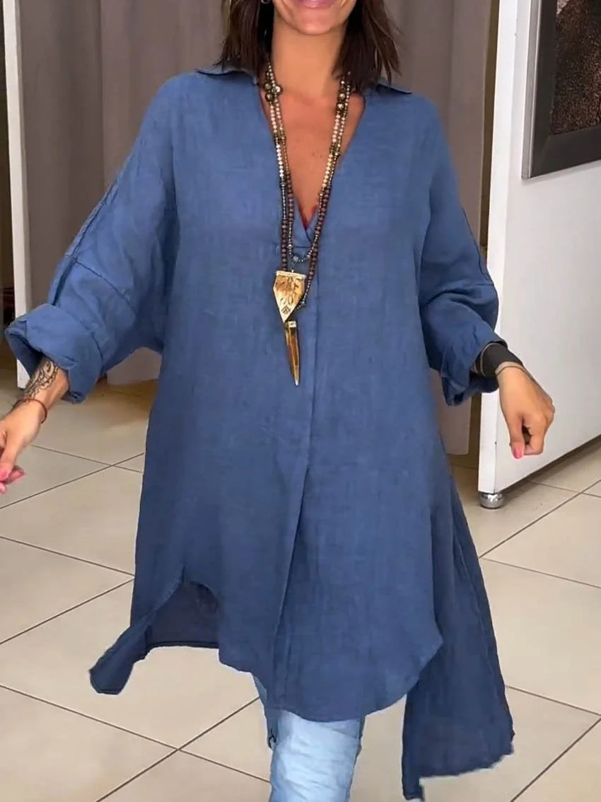 Women's Casual Cotton And Linen Shirtdress a98c