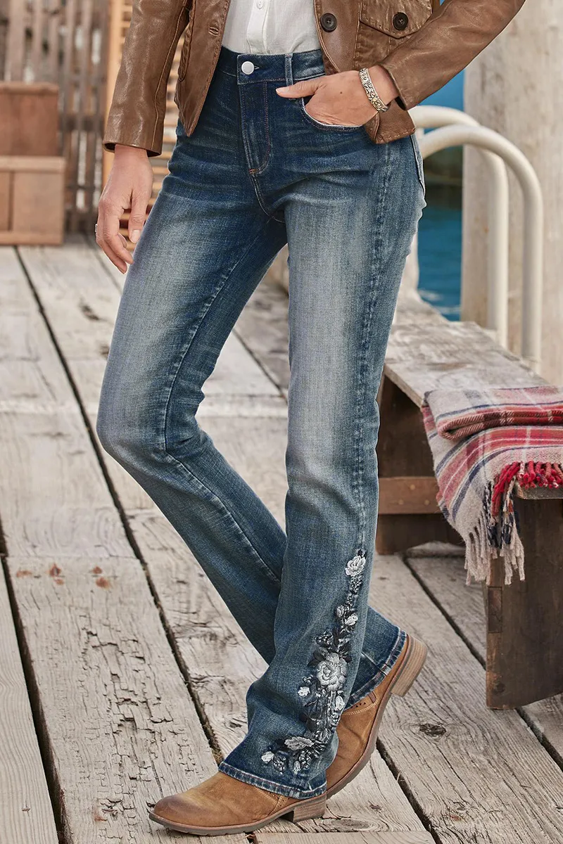 🔥LAST DAY 90% OFF🔥Floral Embroidery Mid Waist Bootcut Jeans