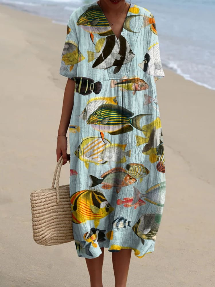 Women's Vintage Lovely Fish Art Print Flowy Dress 1ebb