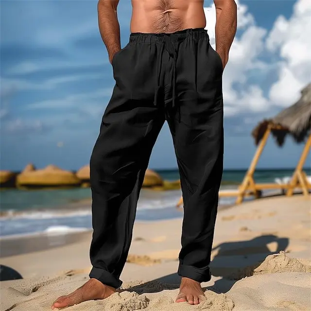 4 PACK-Men's Linen Pants Trousers Summer Pants Beach Pants Drawstring Elastic Waist Plain Comfort Breathable Full Length Daily Beach Fashion Simple Black White