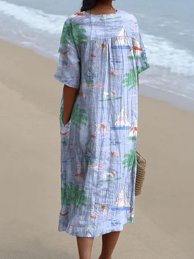 Summer Vacation And Puppy Dog Pattern Printed Women's Flowy Dress 0b9d