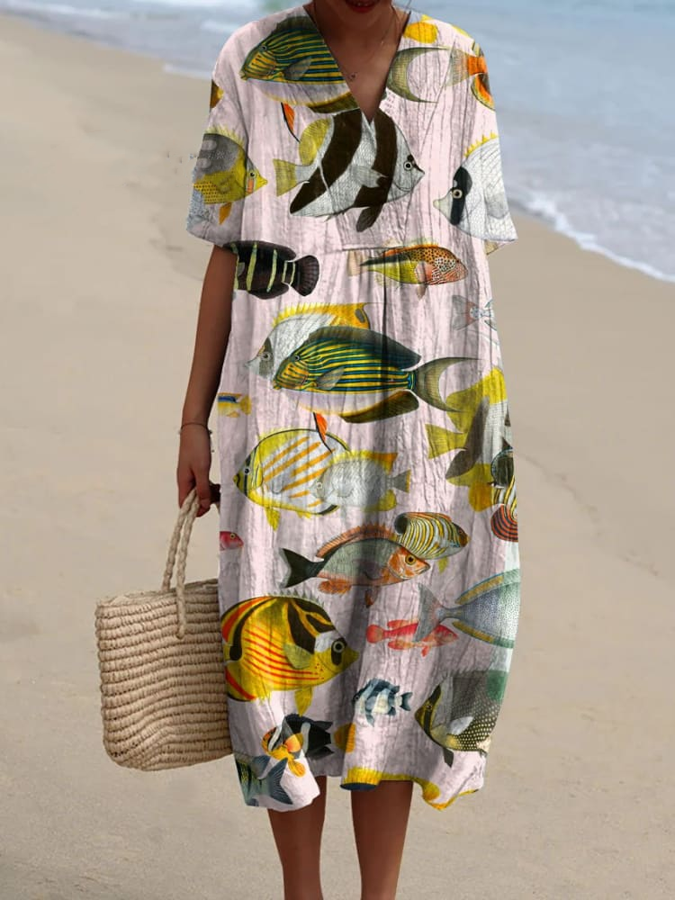 Women's Vintage Lovely Fish Art Print Flowy Dress 1ebb