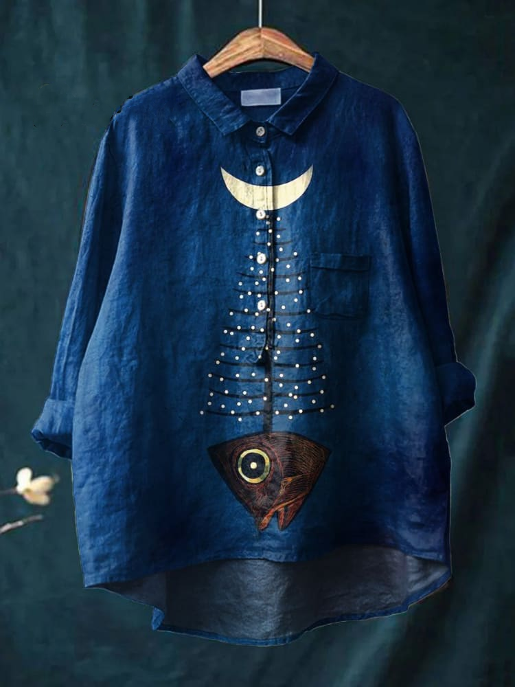 Women's Fish Art Print Casual Cotton And Linen Shirt 0aac