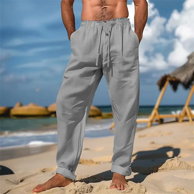 4 PACK-Men's Linen Pants Trousers Summer Pants Beach Pants Drawstring Elastic Waist Plain Comfort Breathable Full Length Daily Beach Fashion Simple Black White