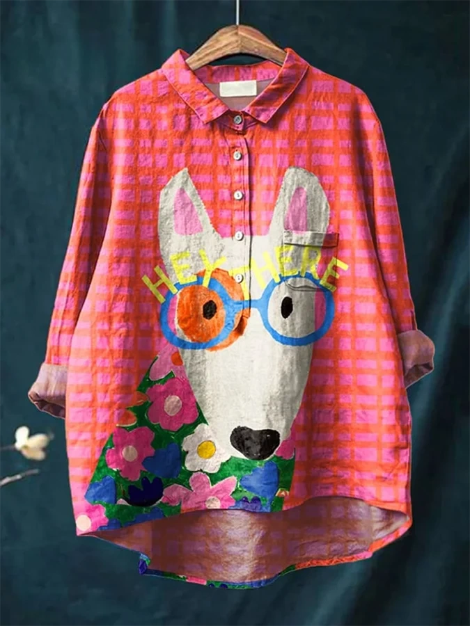 Women's Puppy Print Casual Cotton And Linen Shirt e34c