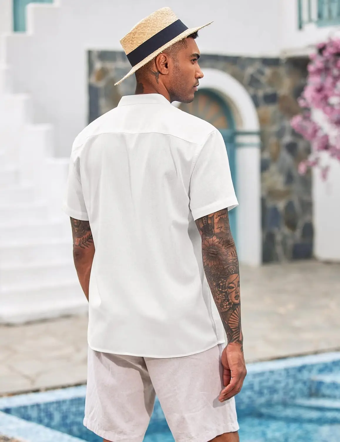 9 Pack-Men's Cuban Guayabera Shirt Cotton Linen Short Sleeve Button Down Shirts Casual Band Collar Summer Shirt
