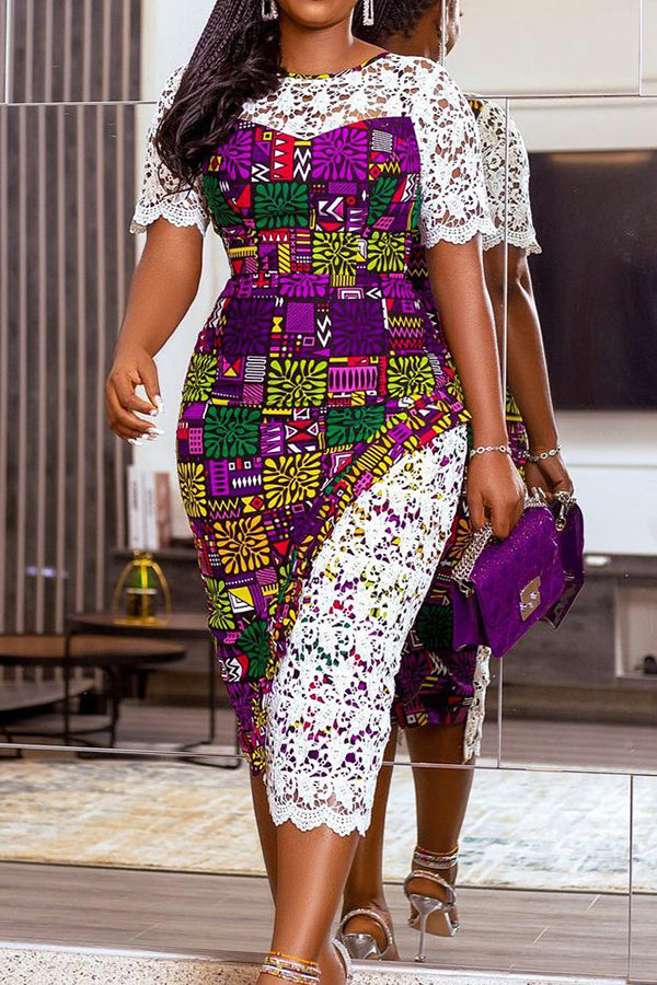 Temperament Lace Stitching Short Sleeve Slim Fit Midi Dress